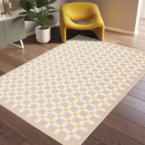 Tapis à motif carreaux en matière recyclée - Pauline - Beige et ocre - salon
