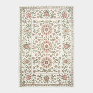 Tapis souple Minia Pêche en tissu chenille recyclé, design floral revisité sur fond clair