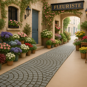 Allée Stand imprimée Pavés à la Parisienne en décoration extérieure devant boutique fleuriste