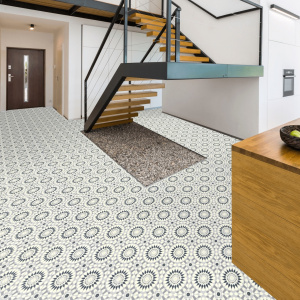 Sol Vinyle Style - Carreaux de ciment motif mosaïque bleu dans pièce de vie lumineuse