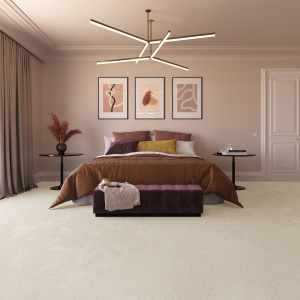 Moquette résistante aux taches Chromaluxe Blanc crème dans une chambre chic aux tons naturels