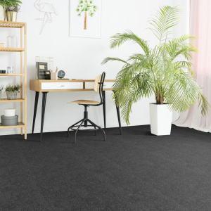Moquette velours Feelings Balsan Gris Nocturne 990 dans salon moderne avec bureau et plantes