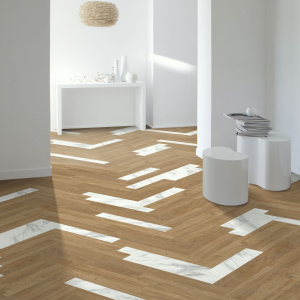 Lame vinyle - Gerflor Senso Unik HB - Soleiado, effet marbre blanc intégré à une composition avec décor bois