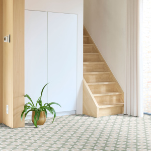 Tapis vinyle sur mesure vert Atelier Bauhaus dans une entrée