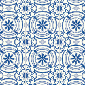 Sol Vinyle Textile Rénove - Effet carreaux de ciment Andalousie - Bleu, motif géométrique floral inspiré des azulejos
