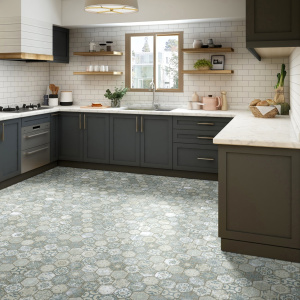 Sol vinyle textile Black Edition 3D carrelage hexagonal ancien, revêtement imitation carreaux de ciment