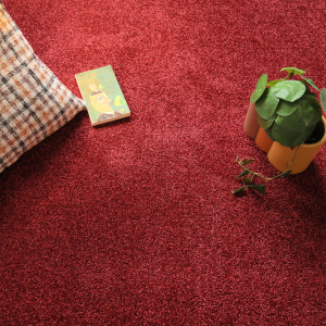 Moquette velours Feelings Balsan Rouge Passion 580 avec objets décoratifs et ambiance cosy