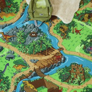 Moquette enfant circuit volcans et dinosaures gros plan sur paysage et chemins