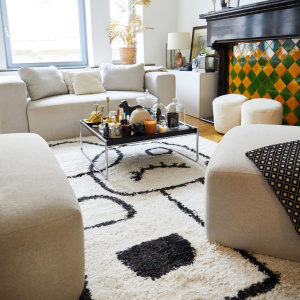 Tapis de salon à poils longs - Line art - Noir et blanc cassé - salon