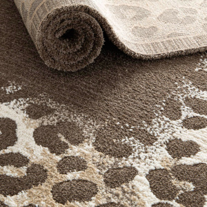 Tapis de salon Sauvage marron chocolat motif léopard, détail du tapis roulé et du velours épais