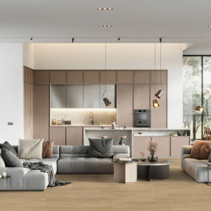 Lame vinyle - Gerflor Senso Unik - Madera beige dans une cuisine ouverte sur un espace de vie contemporain