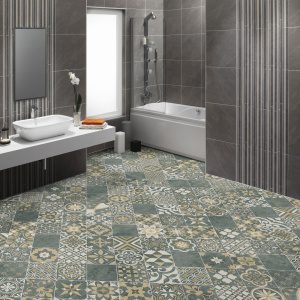 Revêtement PVC Relief 3D carreaux de ciment floral dans salle de bain moderne