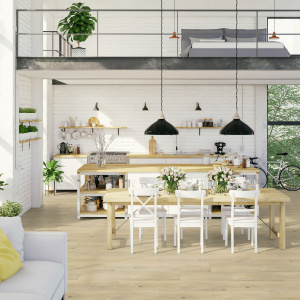 Lame vinyle clipsable - Gerflor R55 Lock+ Acoustic - Corregio natural dans une grande cuisine lumineuse avec espace repas