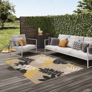 Tapis intérieur et extérieur en relief - Palmera - Beige et noir - terrasse