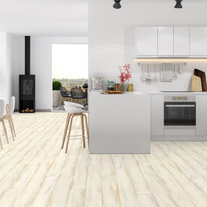 Sol vinyle textile économique parquet bois peint patiné crème pour une cuisine ouverte