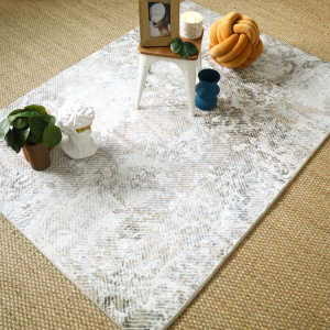 Tapis salon en velours Archi blanc marbré marron et camel - vue de loin