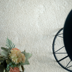 Sol textile velours Select gris perle dans une ambiance déco avec fauteuil et fleurs séchées