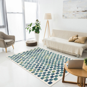 Tapis intérieur et extérieur motif géométrique - Idylle - Bleu et vert - salon