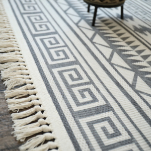 Tapis en coton blanc à franges - Aztèque - Motifs gris - Macro tranche