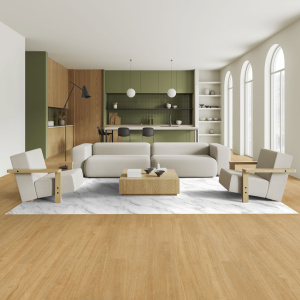 Lame vinyle - Gerflor Senso Unik - Madera miel dans un grand salon contemporain avec cuisine ouverte