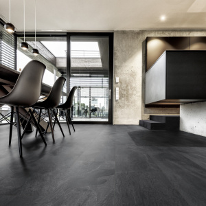 Dalle de sol stratifié compatible cuisine salle de bain - Pierre Gris Manganèse - Salle à manger