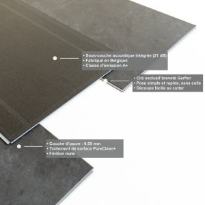 Dalle vinyle - Gerflor Senso Premium Rigid Acoustic - Grey marble avec vue en perspective de sa conception et de sa sous-couche acoustique