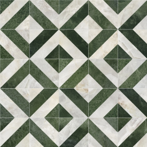 Zoom sur le design géométrique du sol PVC éco-conçu losanges de marbre verts et blancs