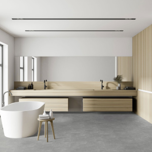 Dalle vinyle clipsable - Gerflor R55 Lock+ Acoustic - Rock pearl dans une salle de bain lumineuse aux lignes graphiques
