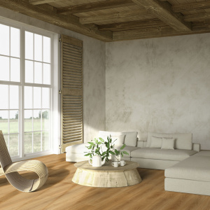 Lame vinyle clipsable - Gerflor R55 Lock+ Acoustic - Selma honey dans un espace mansardé aux lignes épurées