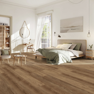 Lame vinyle clipsable - Gerflor R55 Lock+ Acoustic - Woody dark dans une chambre lumineuse à l’ambiance douce et naturelle