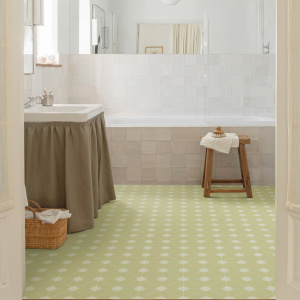 Revêtement de sol vinyle rétro à envers textile, motif carreau floral jaune