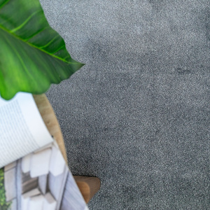 Moquette ultra douce Pulse gris brume, texture velours gris avec magazine et feuille verte