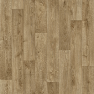 Sol vinyle Batimax Tavel T14 imitation parquet bois brun naturel, avec des lames décalées et des veinages aux nuances contrastées
