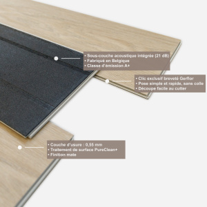 Lame vinyle - Gerflor Senso Premium Rigid Acoustic - Country light présentant les différentes couches et la sous-couche acoustique intégrée