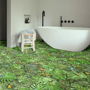 Sol vinyle Textile Relief 3D imprimé Faune et flore tropicale sous baignoire design, motif jungle luxuriant