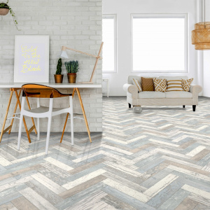 Sol Vinyle First - Imitation parquet usé chevron coloré - Espace détente