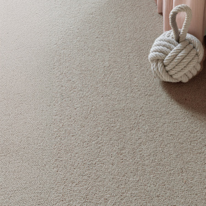 Un tapis sur mesure Mallow grège en laine vierge bouclée, mis en valeur par une décoration en corde