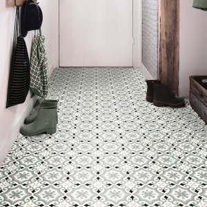 Sol Vinyle Textile Rénove acoustique - Effet carreaux de ciment arabesque gris bleuté - Couloir