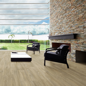Sol Vinyle Textile Grande largeur - Aspect parquet chêne brut - salon ouvert