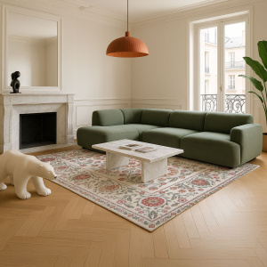 Tapis Minia Pêche en chenille recyclée dans salon contemporain avec canapé vert