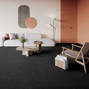 Salon tendance avec tapis sur mesure Re-life en polyester recyclé, noir