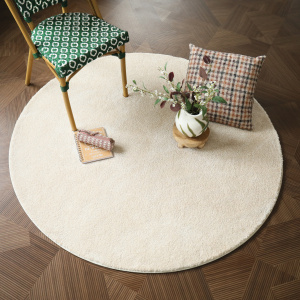 Tapis rond doux poils longs Touch beige clair galon blanc coton