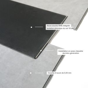 Sol vinyle rigide clipsable Ultime béton gris clair, détail technique avec isolation acoustique intégrée