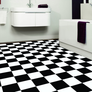Tapis sur mesure Vinyle carrelage damier noir et blanc furface brillante - salle de bain