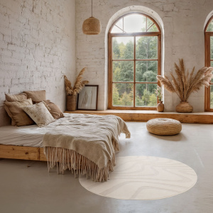 Tapis rond de salon en relief - Belle-île - Vagues écru et crème - chambre