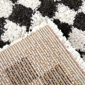 Zoom sur la finition du tapis à poils longs Colorama noir et blanc