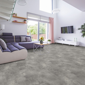 Sol Vinyle Textile Black Edition - Aspect béton griffé - Gris - Salon avec accès sur l'extérieur