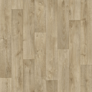 Sol vinyle Batimax Tavel T18 imitation parquet bois beige naturel, avec des lames décalées aux veinages apparents et aux nuances chaleureuses