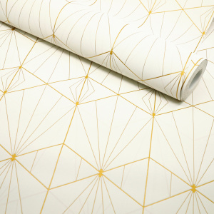 Papier peint vinyle sur intissé - Art déco - Crème motif géométrique or