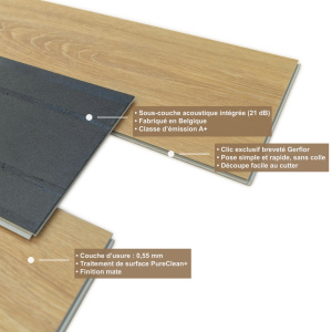 Lame vinyle - Gerflor Senso Premium Rigid Acoustic - Meadow honey montrant la composition de la lame et sa sous-couche acoustique